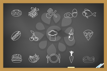Royalty Free Clipart Image of Food Icons on a Chalkboard