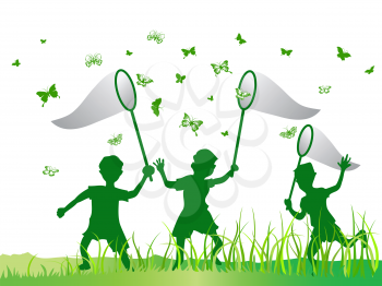 Royalty Free Clipart Image of Kids Catching Butterflies