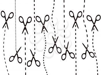 Royalty Free Clipart Image of a Set of Scissors Cutting Coupons
