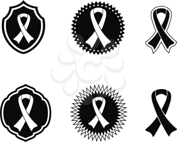 islated black awareness ribbons and Badges on white background