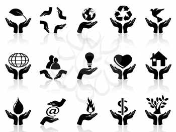 isolated hands holding icons set from white background