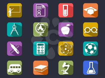 isolated flat education long shadow icons from black background