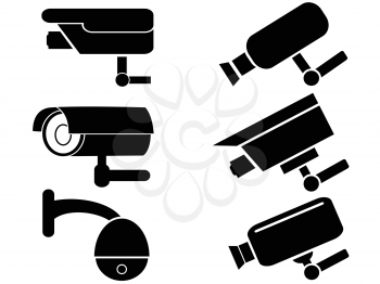 isolated black surveillance security camera icons set from white background
