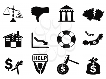 isolated black bankruptcy icons set from white background