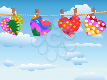 the background of hanging loving hearts in blue sky for Valentine's Day