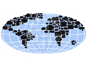 the commuincation background of world map filled with speech bubbles on white