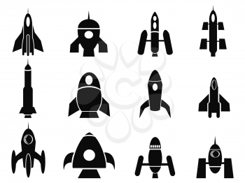 isolated black rocket icons from white background