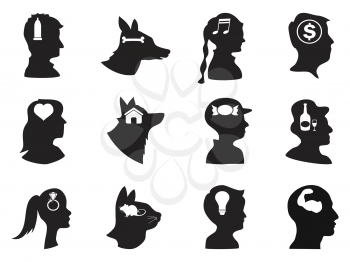 isolated people and pets head with icons on white background