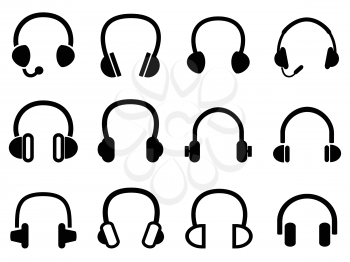 isolated black headphone headset icons from white background