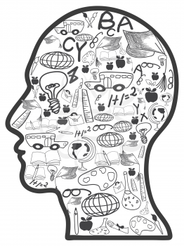 isolated doodle education icons in head on white background