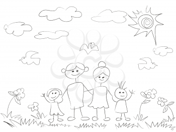 isolated doodle happy family background on white background