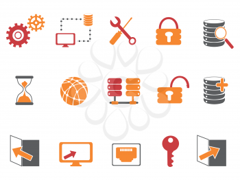 isolated orange and red color database technology icons set on white background