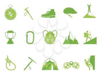 isolated green color climbing mountain icons set from white background