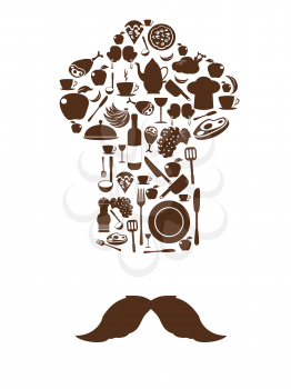 isolated Kitchen tool icons on chef hat with mustache from white background