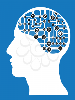isolated human head with connected network brain on blue background 