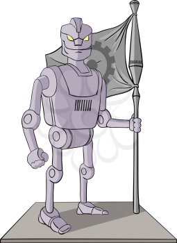 Royalty Free Clipart Image of a Robot Holding a Flag