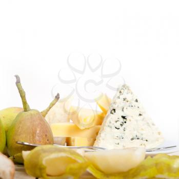 selection of cheese and fresh pears appetizer snack