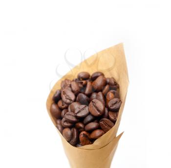 espresso coffee beans on a paper cone cornucopia over white background