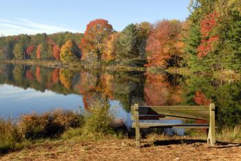 Royalty Free Photo of an Empty Bench at a New Jersey Lake