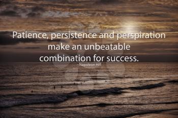 Napoleon Hill's quote Patience, persistence, and perspiration make an unbeatable combination for success. Background image of surfers waiting on waves.