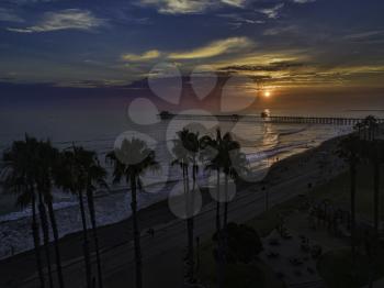 Royalty Free Photo of a Colorful aerial sunset at the Oceanside Pier
