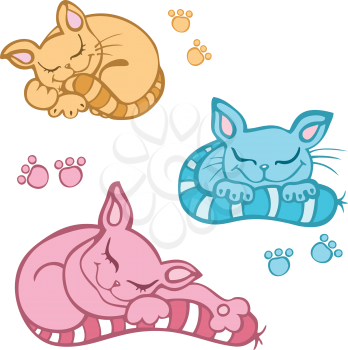 Royalty Free Clipart Image of Three Sleeping Kittens and Paws