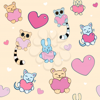 Royalty Free Clipart Image of a Lemur, Cat and Bunny Background