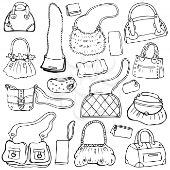 Collection design women's handbags. Hand drawn vector isolated. Set 1.