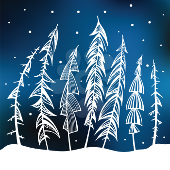 Winter background. Night forest. Hand drawn vector illustration.