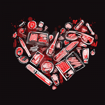 Heart of Makeup products set. Cosmetics. Hand drawn Vector Illustration.