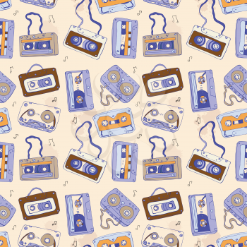 Seamless pattern of cassette tapes. Audio cassette. Vector background.