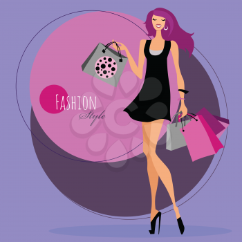 Fashion girl. Woman with shopping bags. Vector illustration.
