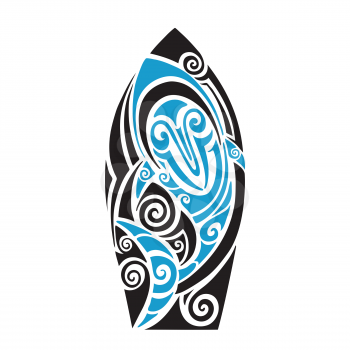 Surf board. Shark. Illustration in the Polynesian style tattoo.