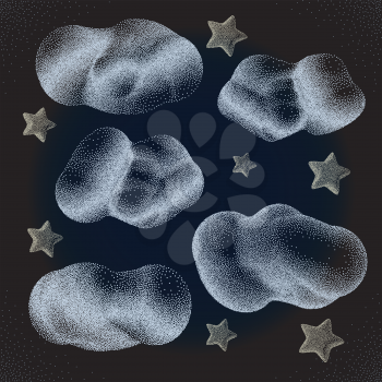 Stars with Clouds. Night Sky Halftone style. Vintage Hand drawn Vector Illustration.