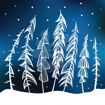 Happy New Year Vintage Background. Christmas trees in snow forest. Merry Christmas Vector Illustration.