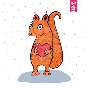 Cute Baby Squirrel with heart in hands. Hand Drawn vector illustration. Funny Colorful Vector illustration, Cartoon style