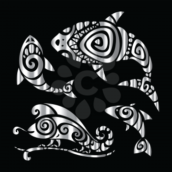 Shark, Fish and Chameleon. Tribal pattern set Polynesian tattoo style. Vector illustration.