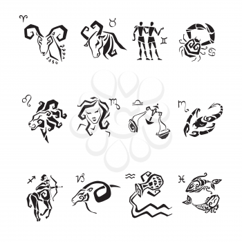 Horoscope Zodiac Star signs. Illustrations of twelve.