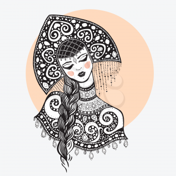 Russian traditional beauty girl. Hand drawn Illustration.