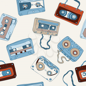 Seamless pattern of cassette tapes. Audio cassette. Vector background.