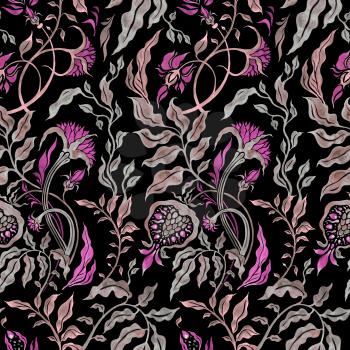 Exotic Garden. Seamless background with oriental pattern. Paisley flowers, Hand drawn floral pattern, vintage style, detailed illustration
