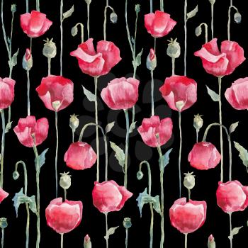 Red poppies. Seamless watercolor floral pattern. Hand Drawn Flowers