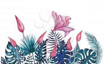 Abstract Exotic flowers. Hand painted Tropical illustration, Hand Drawn Floral Pattern. Watercolor illustration, modern style