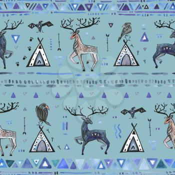 Tribal hand drawn background, ethnic seamless pattern with animals and dream catcher