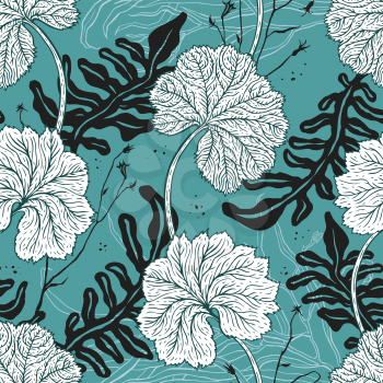 Botanical illustration. Hand Drawn flowers and plants. Monochrome vector illustrations in sketch style. Elegant Seamless vintage Pattern.