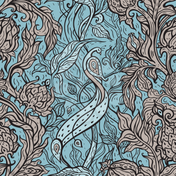 Seamless vector background with oriental pattern. Beautiful peacock. Exotic bird. Paisley flowers, hand drawn detailed illustration
