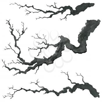 Tree branch in Japanese painting style. Traditional Beautiful watercolor hand drawn illustration