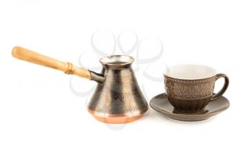 Armenian coffee jazve and cup isolated on white background.