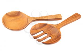Wooden spoon and fork isolated on white background.