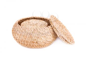 Wicker boxes isolated on white background.